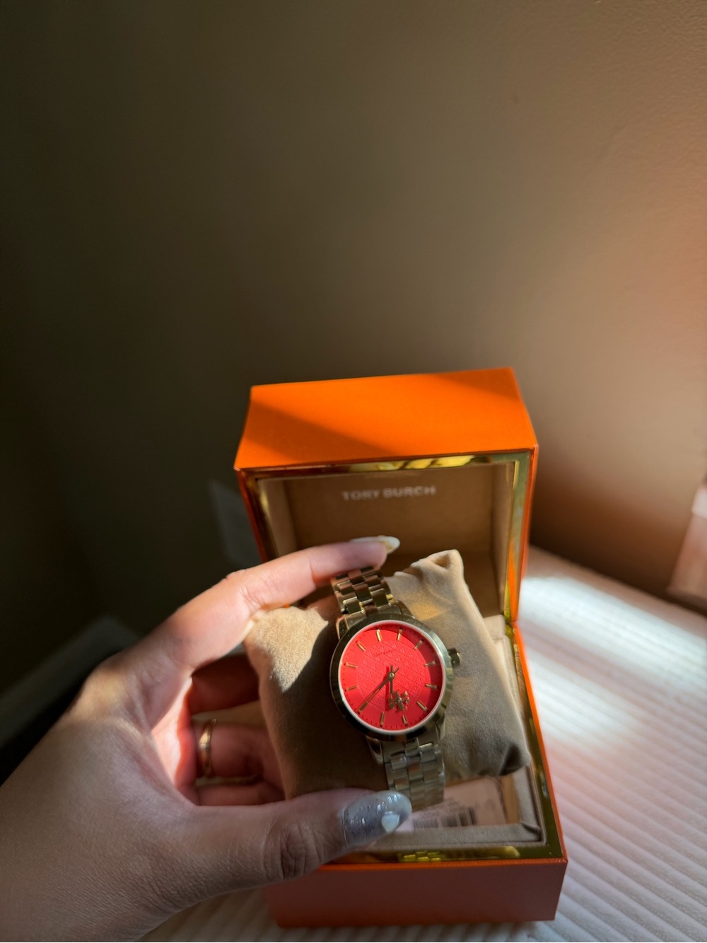 Tory Burch Gold-Tone Bracelet Watch with Red Dial